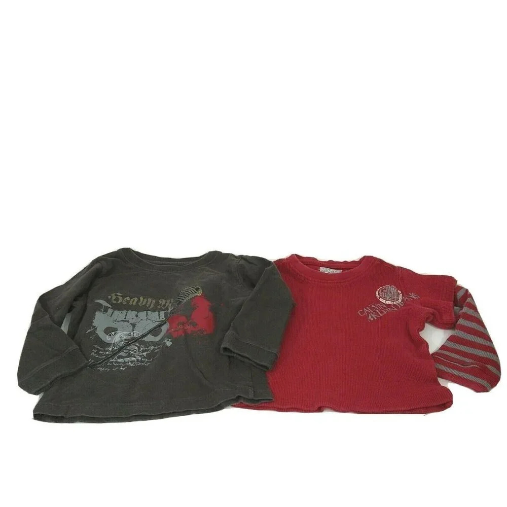 Lot of 2 Calvin Klein Thermal Shirt T-shirt Boys Size 24 Month Red Gray Long Slv